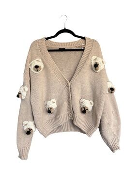 debut Teddy Bear Cardigan Sweater Medium Beige Chunky Knit Cute Novelty Flawed